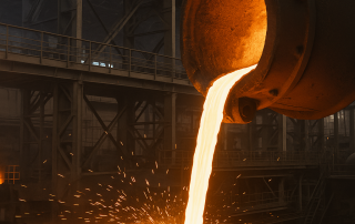 Molten steel being poured in a foundry, representing modern steel production at CoreMet Steel.
