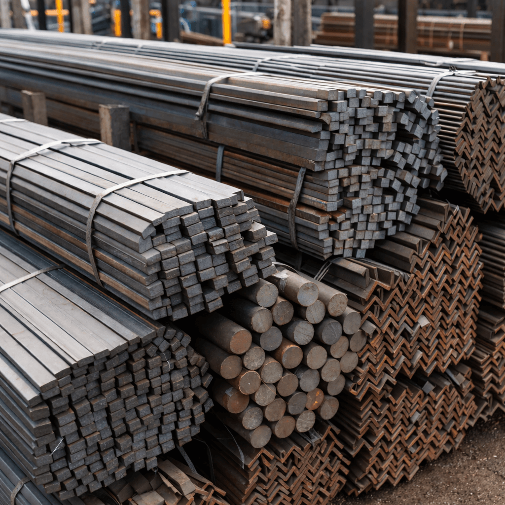 Structural steel merchant bars including flat bars, round bars, square bars and angle bars in stockyard – CoreMet Steel supplier
