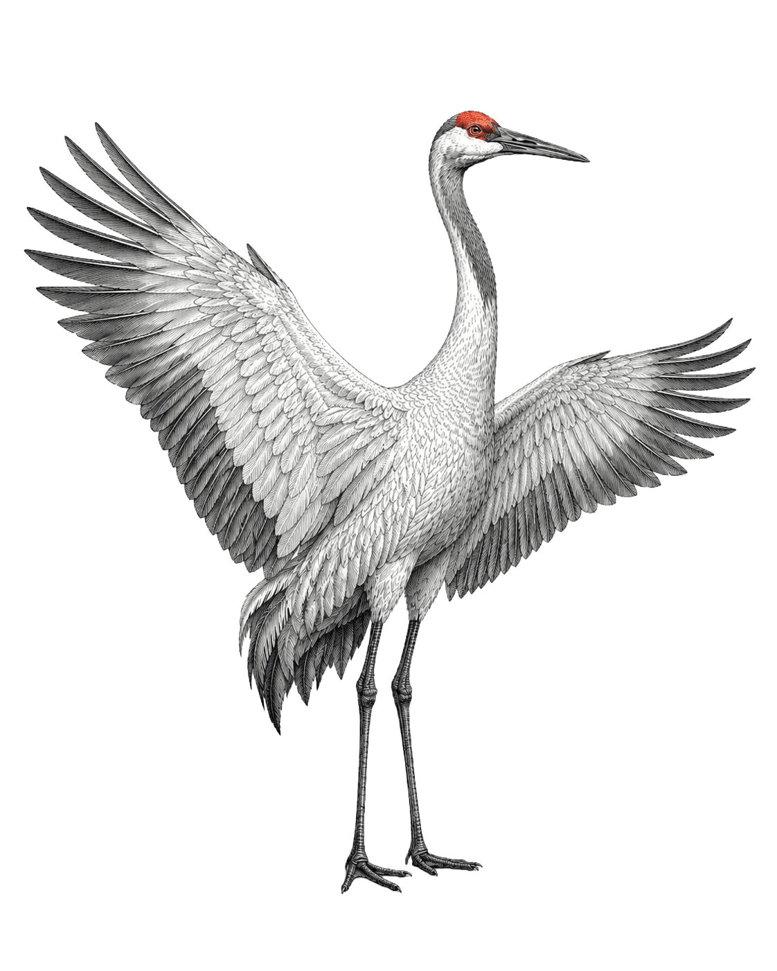 CoreMet Steel Crane Mascot – Global Steel Supply Symbol Engraved crane bird with orange-red head and open wings representing CoreMet Steel global supply